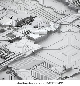 Circuit board futuristic server code processing. White technology background. 3d rendering abctract circuit board. Arkivillustrasjon