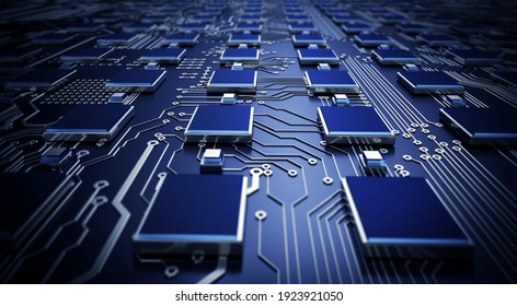 Circuit Board futuristische Server-Code-Verarbeitung. Blau, schwarze Farbtechnologie, Hintergrund. 3D-Rendering