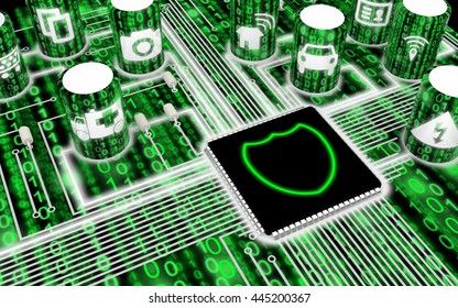 Circuit Board With IOT Icons In Green With A Shield On The Main Chip 3D Illustration Security Concept