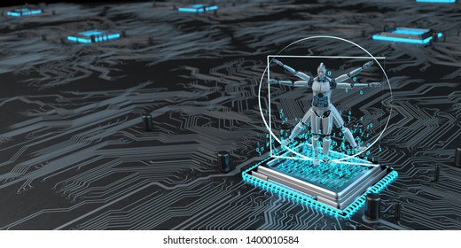A circuit board with microchip and digital vitruvian robot. 3d illustration.
