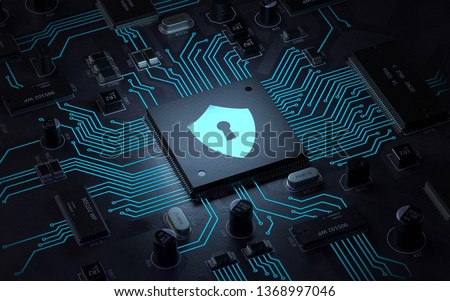 circuit board and shield icon,Hardware security, computer data protection and electronic technology concept,