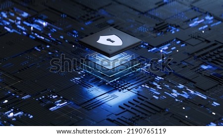 circuit board and shield icon,Hardware security, computer data protection and electronic technology concept