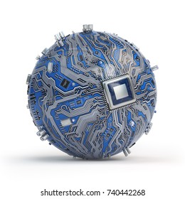 Circuit Board System Chip With Core Processor. Spherical Computer Motherboard With CPU Isolated On White Background. Futuristic Computer Technology. 3d Illustration