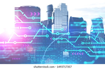 Circuit Interface, Planet Hologram And Lines Of Code Over Cityscape Background. Concept Of Smart City. 3d Rendering Toned Image Double Exposure