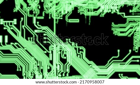 Circuit technology green　illuminated line under silver background with hi-tech digital data connection system and computer electronic desing. 3D illustration. 3D CG. High quality rendering.