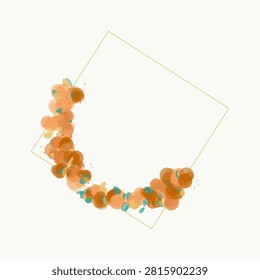 Circular arrangement of overlapping gradient spheres in orange and teal hues within a square outline, creating an abstract organic pattern.
