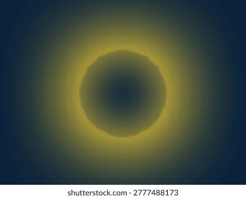 A circular black shape is surrounded by a bright yellow halo, fading into a dark blue background. The image evokes the appearance of a solar eclipse, with the sun obscured but its radiance still visible around the edges. The gradient effect emphasizes the contrast between the light and dark areas, creating an impression of depth and intensity.

