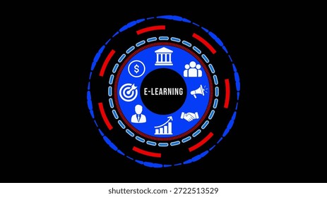 Circular blue and red dashboard with eLearning text and for community growth handshake target and megaphone