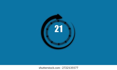 Circular clock arrow with a bold number twenty one in the center on a teal background showing continuous motion in a clockwise direction