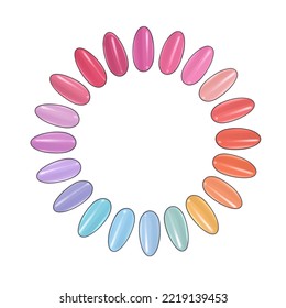 Circular color palette for nail extensions. Gel manicure polish, samples of colors, colorful tips. Logo for designers, masters, stores, beauty salons, typography, business cards, websites, brochures. - Powered by Shutterstock