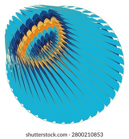 A circular composition featuring segmented arcs in cyan, orange, and dark blue arranged radially with a 3D effect, creating a dynamic, layered...