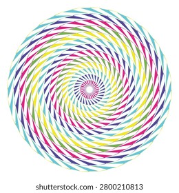 A circular composition featuring tightly wound, multicolored swirling lines radiating from a central point, creating a vibrant and dynamic...