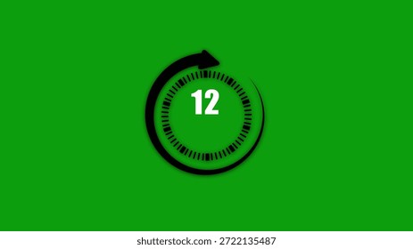 Circular countdown timer with the number twelve in the center and a clockwise arrow on a solid green background