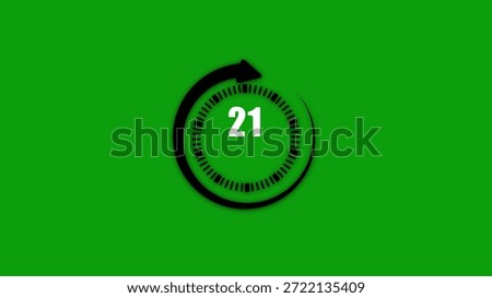Circular countdown timer with number twentyone in white on a green background featuring a clockwise arrow indicating rotation