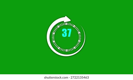 Circular countdown timer showing thirty seven seconds with a white arrow on a green background and blue numbers