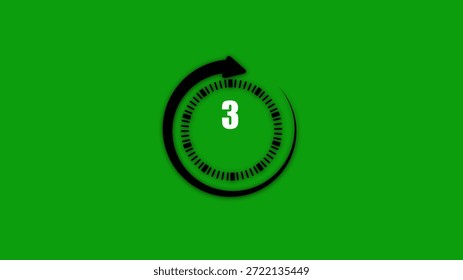 Circular countdown timer with white number three inside a black ring and arrow on a green background