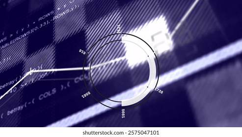 Circular data visualization image over computer code and graphs. analytics, technology, infographic, digital, animated, coding