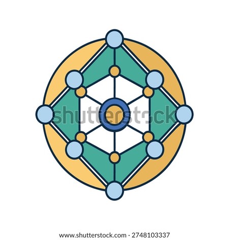 Circular diagram with interconnected nodes in blue green and yellow
