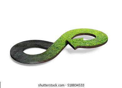 Circular economy concept. Arrow infinity symbol with grass, isolated on white background, 3D rendering.