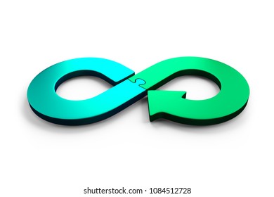 Circular economy concept. Blue and green arrow infinity symbol of puzzle pieces, isolated on white background, 3D illustration.