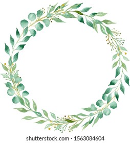 Circular frame with green foliage hand drawn watercolor raster illustration. Round botanical wreath with copyspace. Creative aquarelle greeting card with leafage. Herbage postcard design element