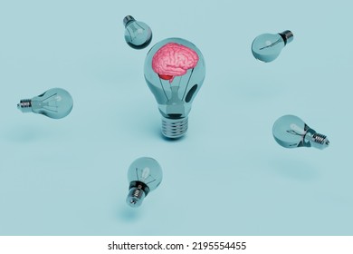 Circular Generation Of Ideas. A Light Bulb With A Brain Inside Around Which Are Small Electric Light Bulbs On A Blue Background. 3d Render. 3d Illustration