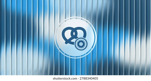 A circular glass button featuring a pretzel icon combined with a gear symbol, set against a modern blue metallic corrugated background, symbolizing food settings, snack processing, or culinary technology customization.