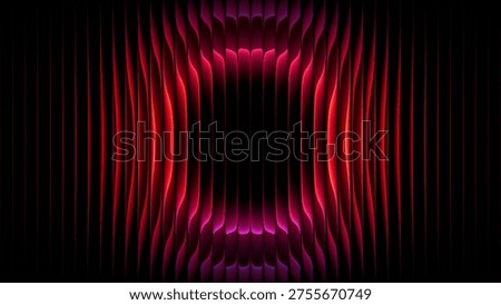 Circular gradient refracted through ribbed glass with luminous red magenta glow. Futuristic glowing circle behind vertical fluted glass for creative advertising, music cover and event flyer. Luminous tunnel effect with dark space in center. Vibrant magenta gradient halo distorted through vertical glass ribs. Glowing geometric frame with depth and reflection. Radiant circular light diffused and bent by ribbed transparent surface. 3d render