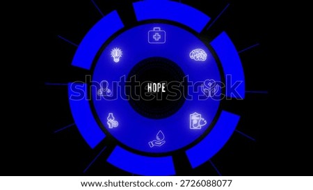 Circular infographic with a dark background featuring a glowing blue ring of surrounding the word hope in the center with radiant lines extending outward