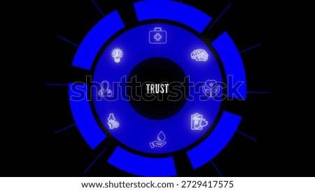 Circular infographic with a dark background featuring a glowing blue ring of surrounding the word trust in the center with radiant lines extending outward