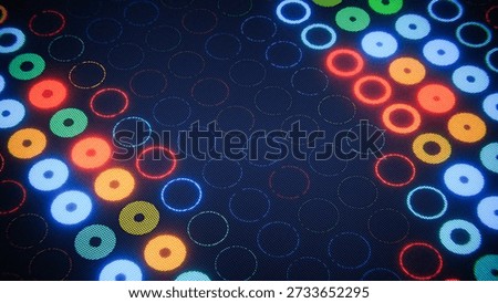 Circular led lights illuminating a digital screen with an abstract retro gaming pattern