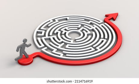 Circular Maze With A Running Man On A Light Background. Avoid The Obstacle. The Red Arrow. Finding The Right Path. 3D Rendering. Illustration.