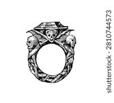 Circular ornamented ring from the time of Henry II of France featuring skull and crossed bone motifs, old vintage illustration, 1897.