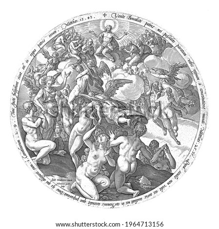 Circular representation of the arrival of the blessed in heaven. Angels guide the souls upstairs, where Christ sits enthroned among a host of saints (including Mary).