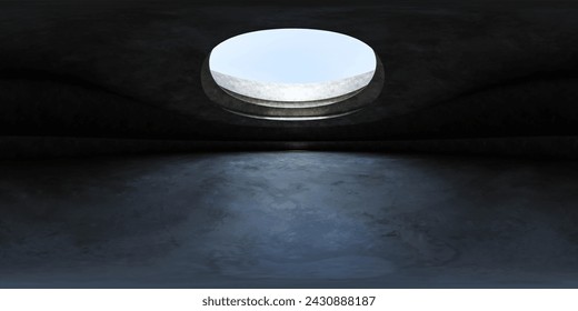 Circular skylight piercing through a dark ceiling on a clear day 360 panorama vr environment map. 3D Illustration