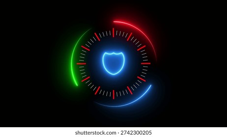 Circular speedometer with a glowing shield at the center surrounded by red green and blue neon arcs on a dark background