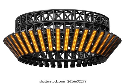 Circular stage lighting truss with vertical LED spotlights and cameras 3d render isolated white background. 3d illustration
