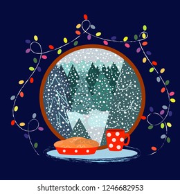 Circular window with snowfall