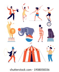 Circus Actors. Clown And Magician, Juggler And Balancer, Animal Trainer And Strong Man. Shapito Circus Isolated Characters