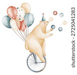 Circus animal bear juggler riding unicycle with balloons. Watercolor cartoon illustration for children and nursery design. Hand painted clipart for birthday card, invitation, poster, baby shower.