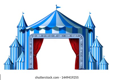 Circus Blue Tent Stage With Blank Space As A Group Of Big Top Carnival Tents With A Red Curtain Opening Entrance As A Fun Entertainment Icon For A Theatrical Party Festival As A 3D Illustration.