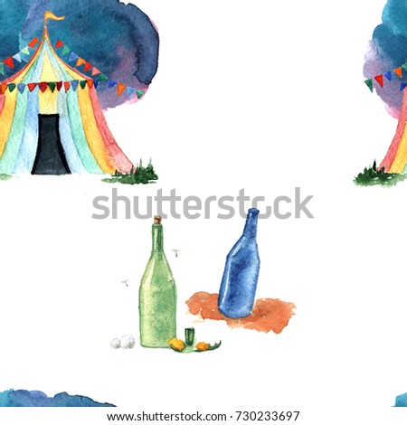 Circus and bottles seamless colorful pattern. Wandering circus watercolor seamless.