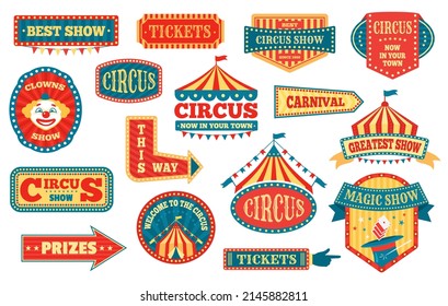 Circus Labels, Carnival Signs And Badges, Funfair Signboards. Vintage Magic Show Sign, Amusement Park Or Festival Event Emblems  Set. Carnival, Prizes And Tickets Pointers, Festival Advert