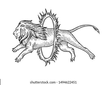 Circus Lion Jumps Into Ring Of Fire Sketch Engraving Raster Illustration. Tee Shirt Apparel Print Design. Scratch Board Style Imitation. Black And White Hand Drawn Image.