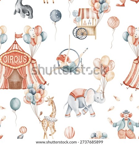 Circus repeat pattern with animals, tent, park, food cart, and balloons. Seamless design for wallpaper, fabric, wrapping paper, and textile. Illustration for kids, nursery, party, and birthday use.