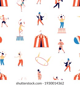 Circus Seamless Pattern. Freak Show Background. Clown And Magician, Juggler And Balancer And Gymnast Characters