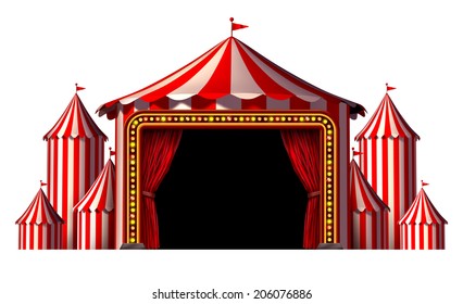 Circus Stage Tent As A Group Of Big Top Carnival Tents With A Red Curtain Opening Entrance As A Fun Entertainment Icon For A Theatrical Celebration Or Party Festival Isolated On A White Background.