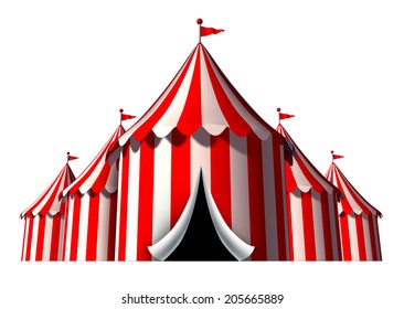 Circus Tent Design Element As A Group Of Big Top Carnival Tents With An Opening Entrance As A Fun Entertainment Icon For A Theatrical Celebration Or Party Festival Isolated On A White Background.