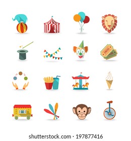 Circus tent with monkey and lion and clown magical wand triks icons set flat isolated  illustration
