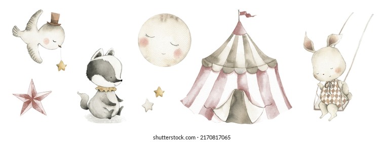 Circus Watercolor Nursery Baby Illustration Woodland Animals